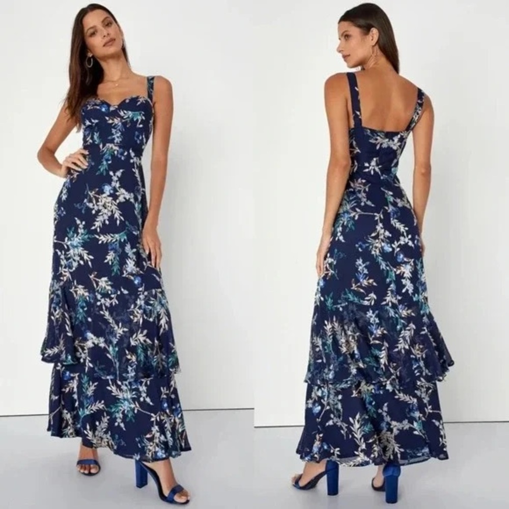 $98 NWT Lulus Stunning Sweetness Navy Blue Floral Burnout Maxi Dress XS - Picture 2 of 6